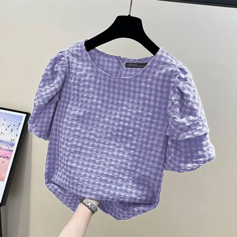 ZANZEA Women Casual Checked Blouses 2024 Summer Short Puff Sleeve O Neck Gingham Blusas Leisure Commute Everyday Shirts Tops