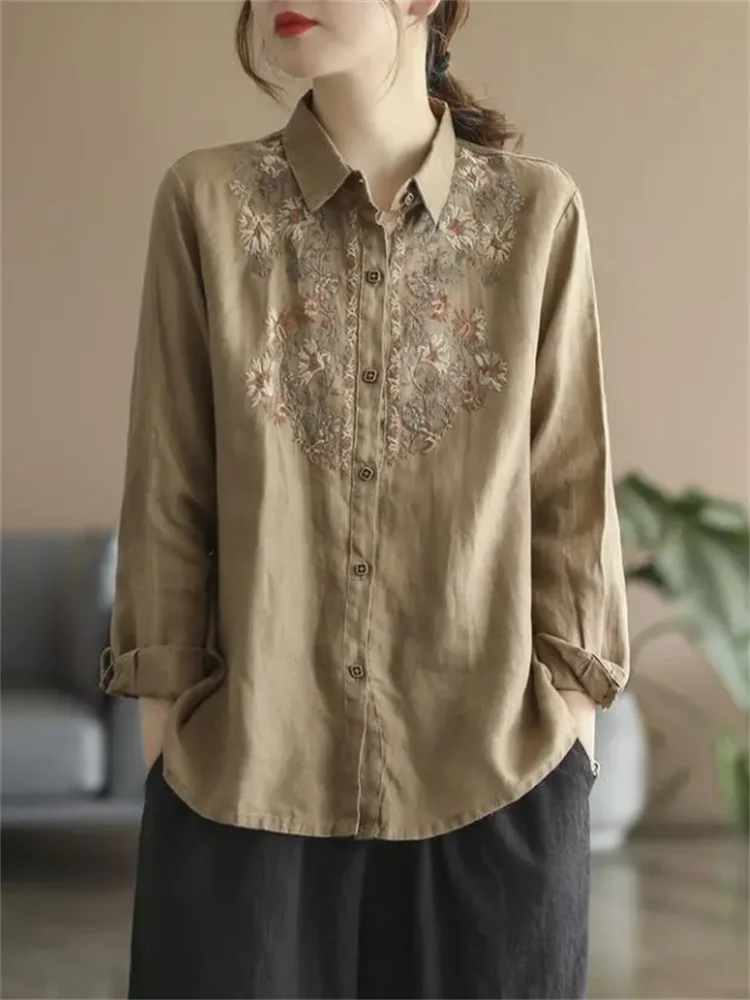 Retro Blouses For Women National Shirt Cotton Linen Shirt Loose Embroidered Blous Laple Long Sleeve Cardigan Top Female Shirts