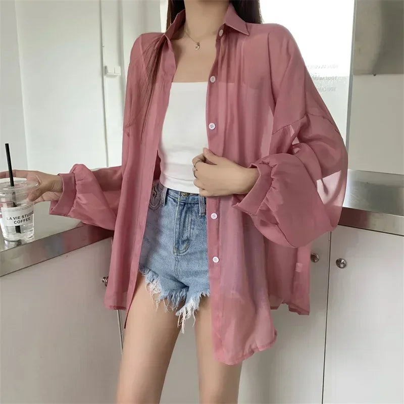Pastel Button Down Shirt Sheer Chiffon Oversized Long Sleeve Airy Top Cover Up Teen-girl Women's Shirts Blouse Casual Outfit
