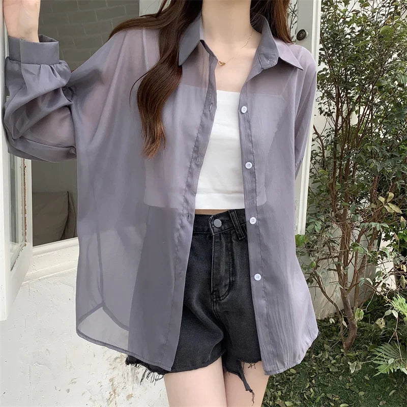 Pastel Button Down Shirt Sheer Chiffon Oversized Long Sleeve Airy Top Cover Up Teen-girl Women's Shirts Blouse Casual Outfit
