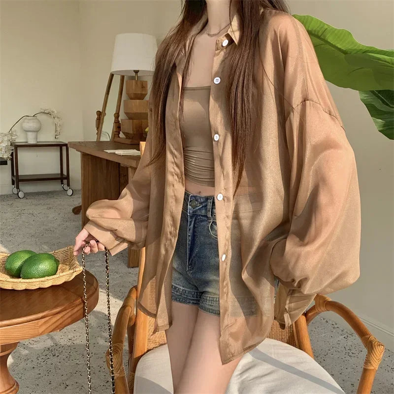 Pastel Button Down Shirt Sheer Chiffon Oversized Long Sleeve Airy Top Cover Up Teen-girl Women's Shirts Blouse Casual Outfit