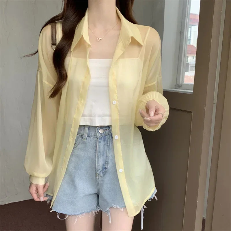 Pastel Button Down Shirt Sheer Chiffon Oversized Long Sleeve Airy Top Cover Up Teen-girl Women's Shirts Blouse Casual Outfit
