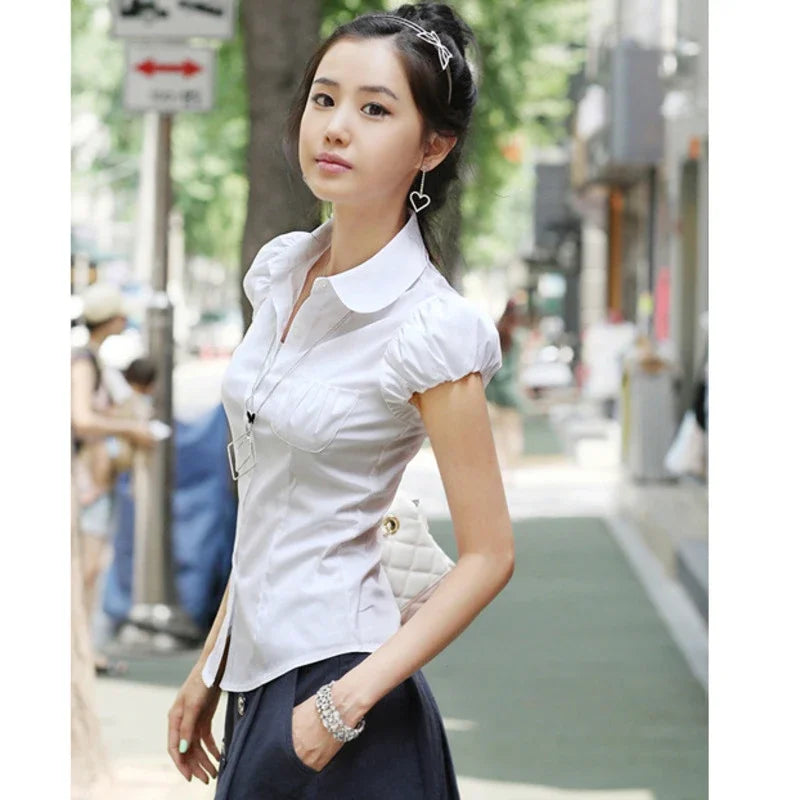 Summer New Women Short Puff Sleeve Turn-down Collar Summer Casual Chiffon Blouses Tops Pockets Shirt Slim Blouse Shirts