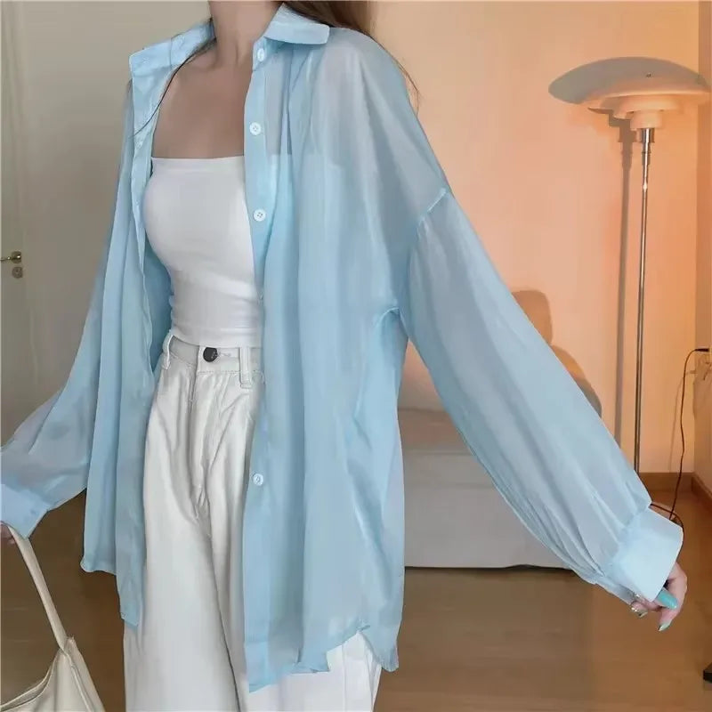 Pastel Button Down Shirt Sheer Chiffon Oversized Long Sleeve Airy Top Cover Up Teen-girl Women's Shirts Blouse Casual Outfit