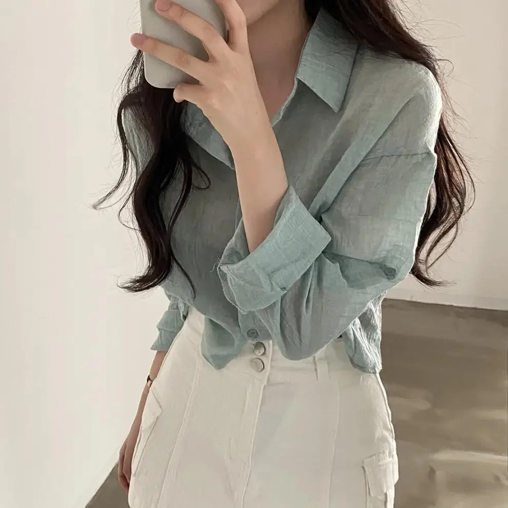 Trendy Shirt Blouse Simple Thin Pure Color Anti-UV Shirt Anti-fade Shirt Top Women Solid Color Sun Protection