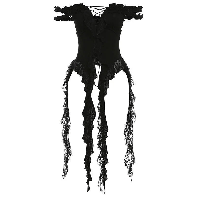 Women Holiday Lace Patchwork Long Tassel Ribbon Off-shoulder Sheath Sweet Top