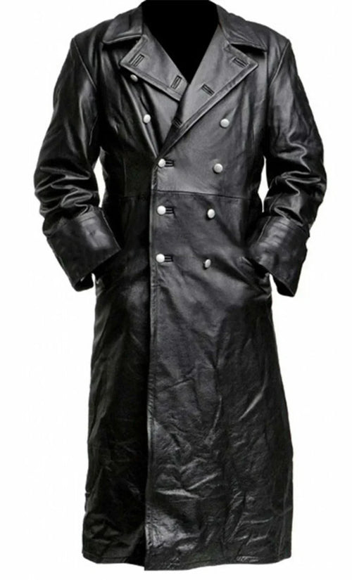 1MEN'S GERMAN CLASSIC WW2 MILITARY UNIFORM OFFICER BLACK REAL LEATHER TRENCH COAT