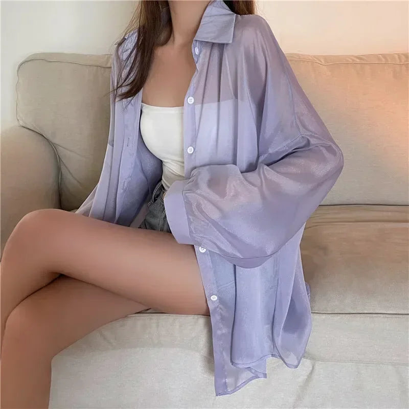Pastel Button Down Shirt Sheer Chiffon Oversized Long Sleeve Airy Top Cover Up Teen-girl Women's Shirts Blouse Casual Outfit