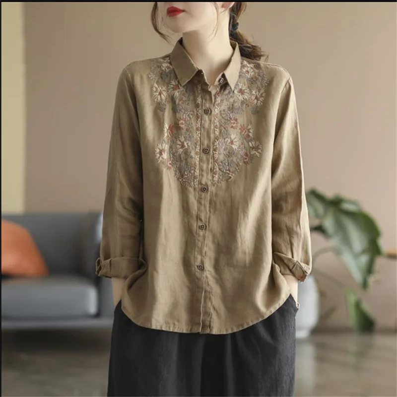 Retro Blouses For Women National Shirt Cotton Linen Shirt Loose Embroidered Blous Laple Long Sleeve Cardigan Top Female Shirts